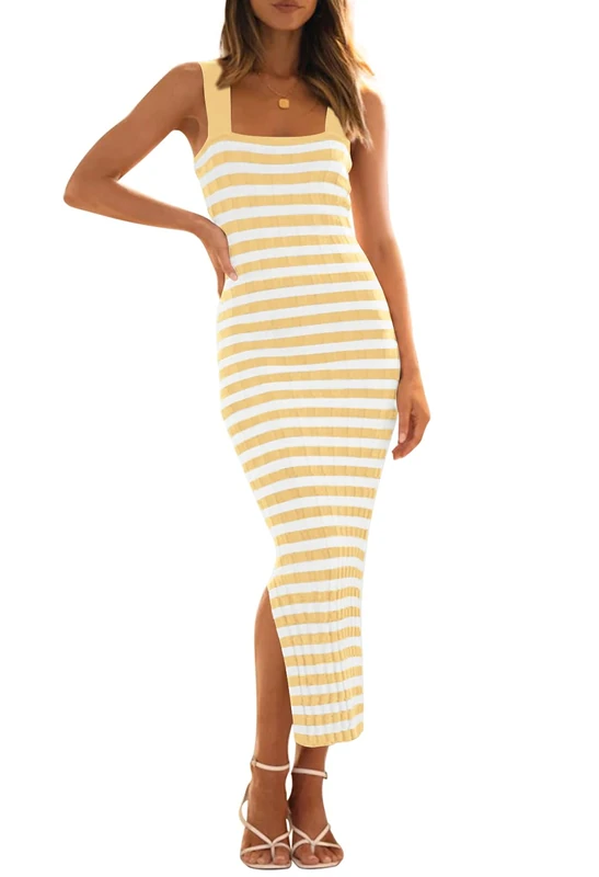 Merokeety Women's 2025 Summer Spring Bodycon Midi Dress Vacation Sleeveless Ribbed Knit Striped Party Sweater Dresses, LightYellow, M