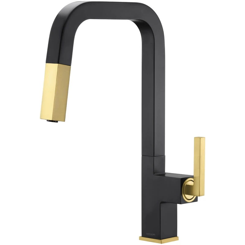 Kitchen Faucet with Pull Down Sprayer, Lava Odoro Black and Gold Kitchen Sink Faucet, Matte Black and Brushed Gold Faucet for Kitchen Sink with Magnetic Docking Spray Head and Deck Plate, KF182-GB