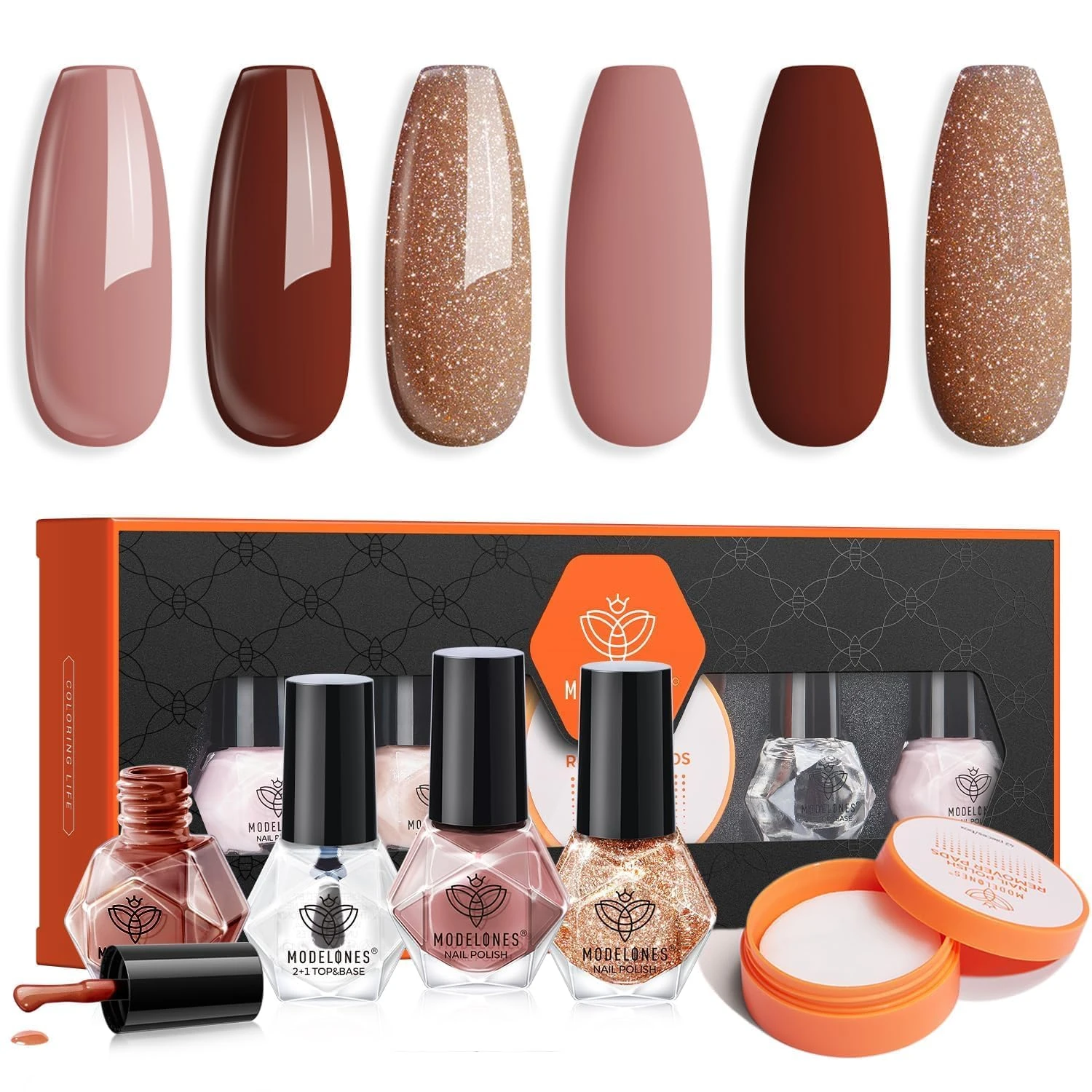 Modelones Nail Polish Set 3 Colors Autumn Brown Nail Polish Kit with Base and Top Coat & Remover Pad Bubble Natural Skin Tone Glitter Finger Nail Polish Manicure Diy Nail Art Salon Home