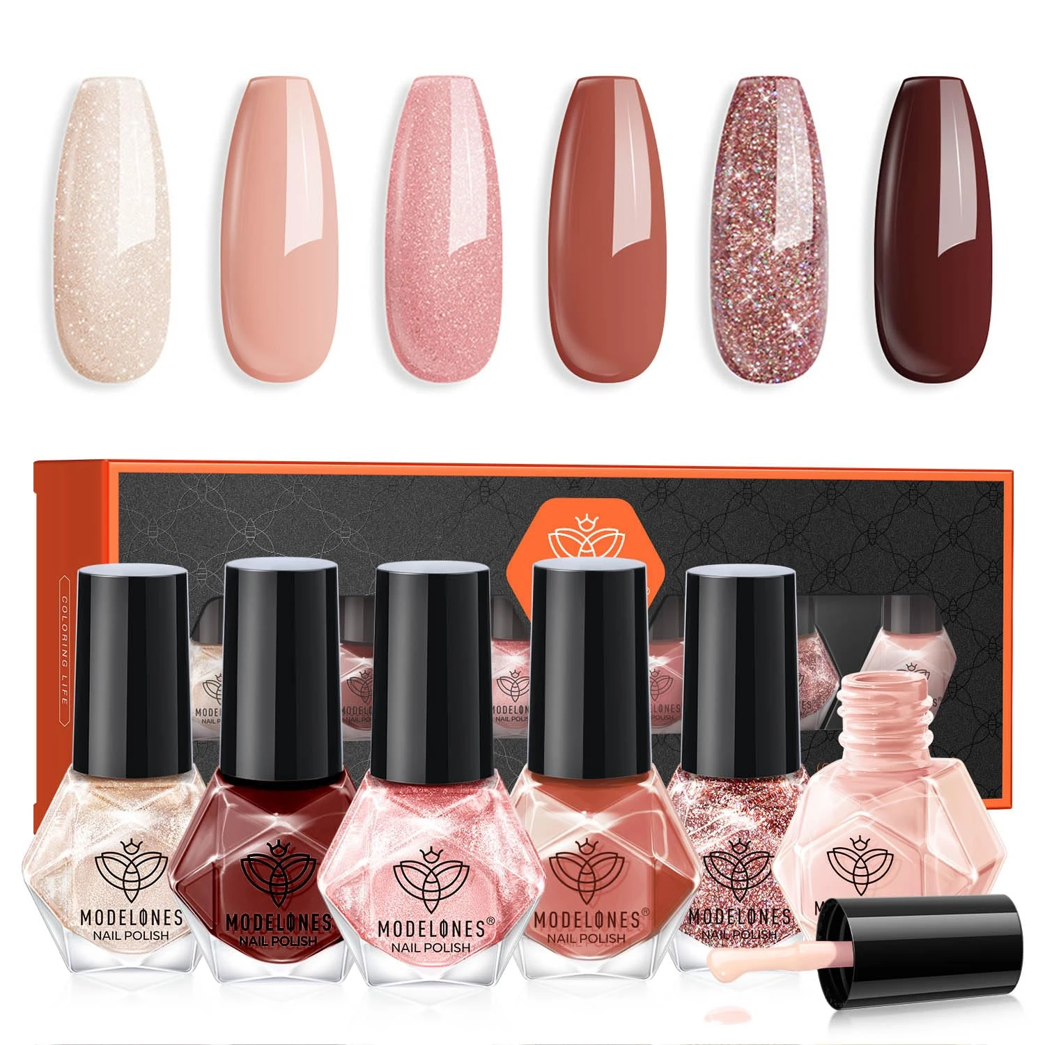 Modelones Nail Polish Set 6 Colors Nude Brown Quick Dry Nail Varnish Finger Pink Glitter Nail Polish Manicure DIY Nail Art Salon Home For Women