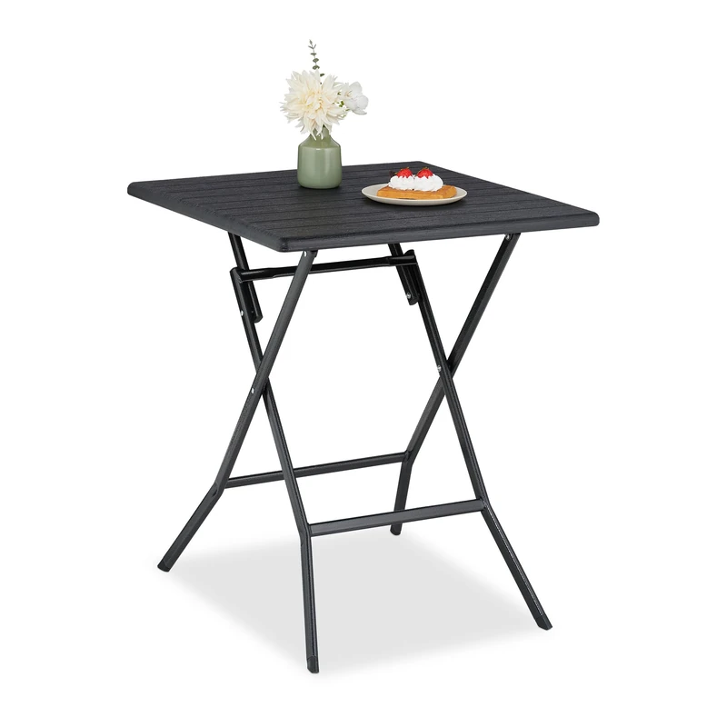 Relaxdays Garden Table, Foldable, HWD: 73 x 62 x 62 cm, Plastic, Steel, Weatherproof, Fits 4 People, Camping, Black