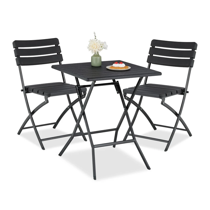 Relaxdays Balcony Furniture, 3-Piece, 1 Table & 2 Chairs, Foldable, Garden Set in Wood Look, Steel & Plastic, Black, 74 x 61 x 61 cm