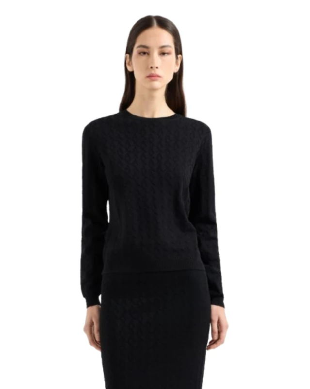 Armani Exchange Women's Allover Monogram Logo Long Sleeve Knit Top Pullover Sweater, Black, L