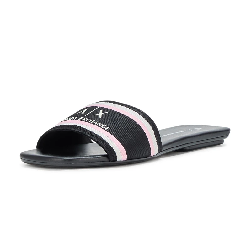 Armani Exchange Women's Thin, Striped, Front Logo Flat Sandal, black, 8.5 UK