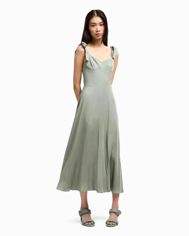 Armani Exchange Women's Arte Sella, Ribbon Shoulder Details, Metal Logo Plate, Dress, Green, 10, Sage, 20