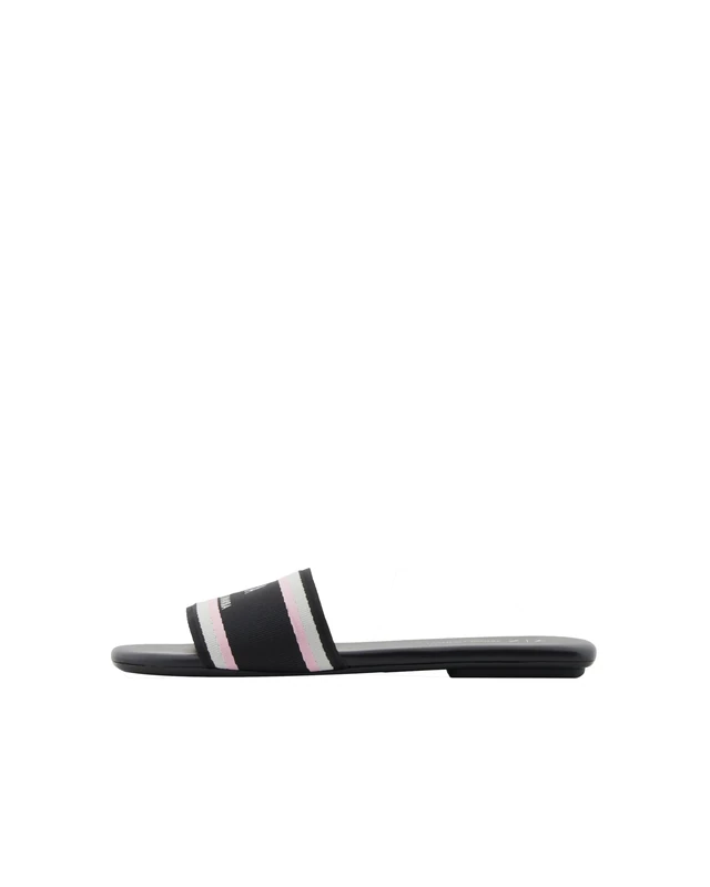 Armani Exchange Women's Thin, Striped, Front Logo Flat Sandal, black, 4 UK