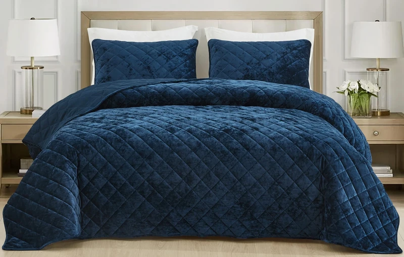 Chezmoi Collection Lux Navy Blue Velvet Quilt Oversized King Set, 3-Piece Plush Distressed Velvet Bedding All Season Lightweight Comforter Brushed Microfiber Reverse with Diamond Stitch Quilting