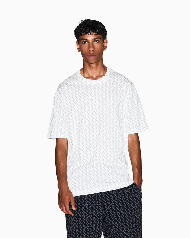 Armani Exchange Men's Allover Logo Tee, T-Shirt, White, S - Image 1