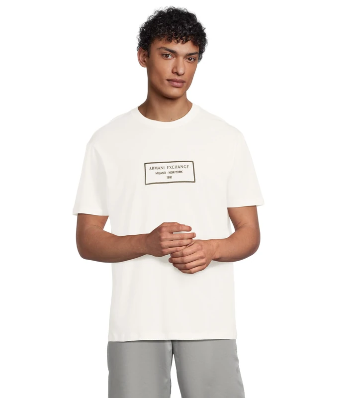 Armani Exchange Men's Urban Heights, Sustainable, Embroidered Logo Lettering, Regular fit, White, XL, Off White, XL