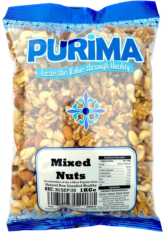 Mixed Nuts 1kg – Fresh 4 Nut Mix of Cashews Almonds Walnuts Brazil Mixture - Selection of Raw Whole Natural Plain Unsalted Unroasted - No Peanuts Healthy Snacks Large Bulk for Eating Keto Gift PURIMA
