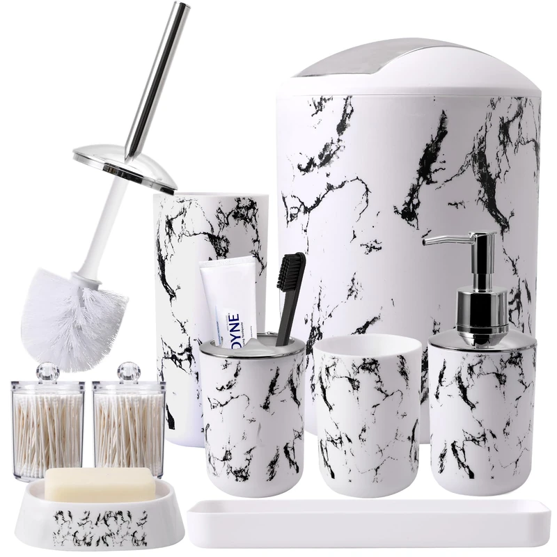 XLHOMO White Marble Bathroom Accessories Set With Trash Can, Vanity Tray, Soap Dispenser, Dish, Toothbrush Holder, Cup, Toilet Brush and Qtip Holders