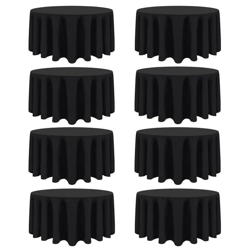 CKIKU 90 Inch Black Round Tablecloths, 8 Pack
