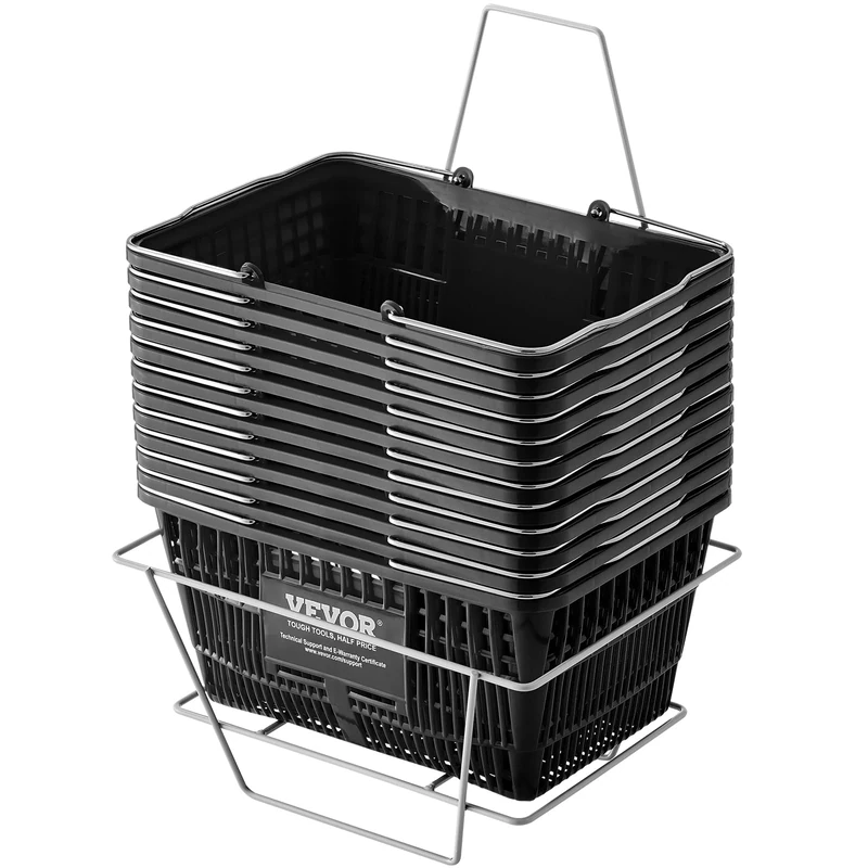 VEVOR Shopping Basket, Set of 12, 21L Durable Plastic Grocery Basket with Metal Handle and Stand, 16.73 x 12.01 x 8.58 inch Portable Shop Basket for Retail Store Supermarket Grocery Shopping, Black