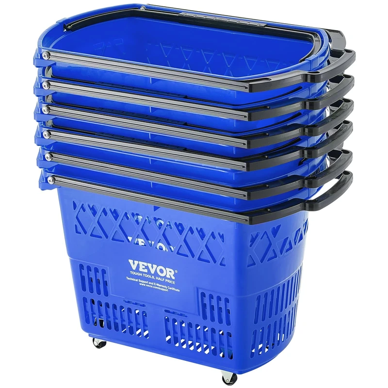 VEVOR 6PCS, 39L Shopping Carts with Handles, Plastic Rolling Basket Set with Wheels, Large Portable Basket for Supermarkets, Retail Stores, Grocery Shopping, Blue