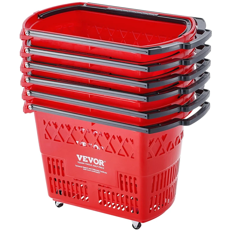 VEVOR Shopping Baskets, 6PCS, 39L Shopping Carts with Handles, Plastic Rolling Shopping Basket with Wheels, Large Portable Shopping Basket Set for Supermarkets, Retail Stores, Grocery Shopping, Red
