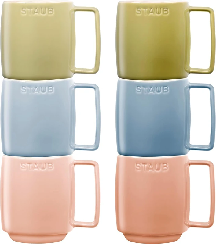 STAUB Ceramique Macaron Mugs Set of 6 Mixed Colours 350ml Dishwasher and Microwave Safe Stackable Ceramic Mixed