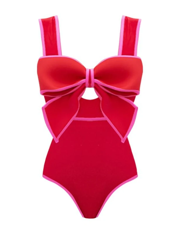 FLAXMAKER Bow Front Cut Out Color Block One Piece Swimsuit and Skirt, Swimsuit, XL - Image 1