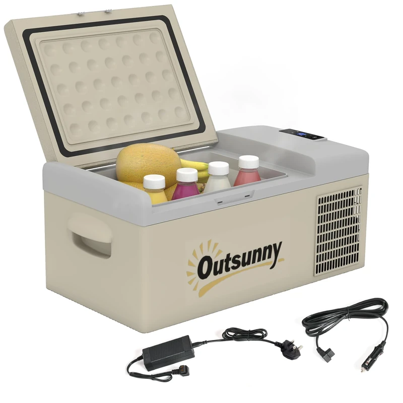 Outsunny 16L Car Refrigerator, Portable Compressor Camping Fridge Freezer with 12/24V DC and 100-240V AC for Car, RV and Camping Use, Down to -20℃, Khaki