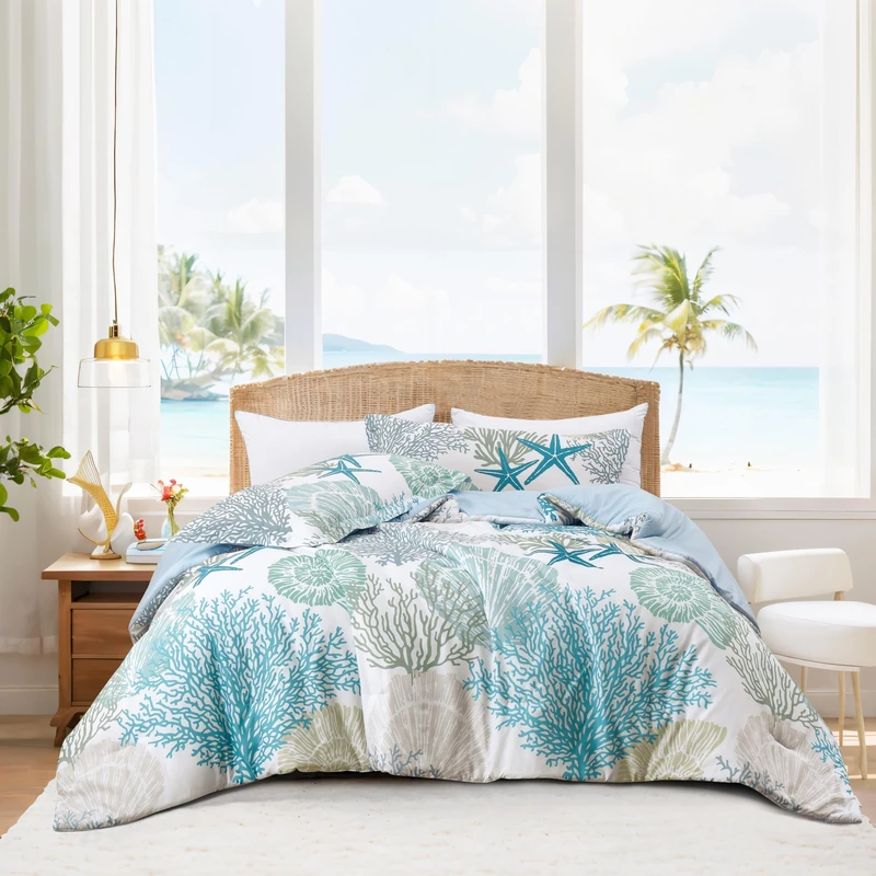 Tritard Coastal Comforter Set Queen Size 3 Piece, Soft Beach Themed Comforter, Ocean Nautical Lightweight Bedding Sets for All Seasons, (1 Reversible Comforter and 2 Pillow Shams), 90''x90'', C1