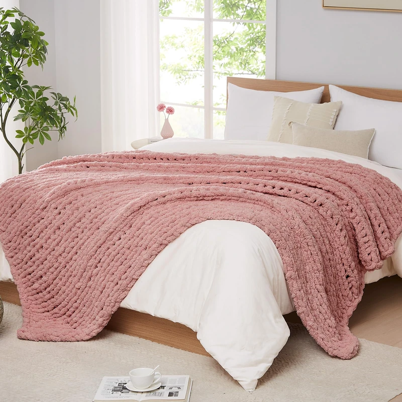 L'AGRATY Chunky Knit Blanket Throw - Soft 100% Hand-Knit Chenile Crochet Throw Blanket 60x80: Large Cable Knit Blanket for Couch - Home Decor (Rose Pink)