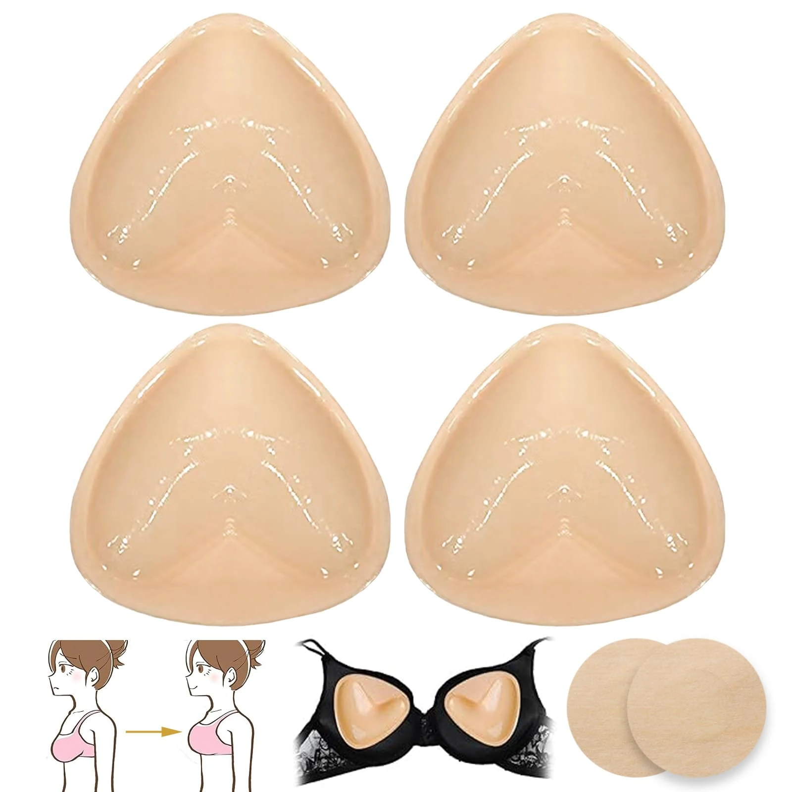 Katslyn 2 Pairs Boost Cups Sticky Bra Inserts with 1 Pair Breast Stickers,Boost Cups Double Sided Adhesive Push Up Pads,Push Up Sticky Bra,Reusable and Washable,for Women Girls Swimsuits Bikini