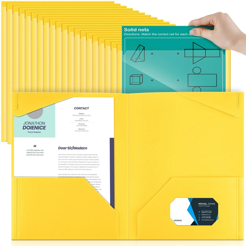 Henoyso 100 Pcs Yellow Plastic Folders with 2 Pockets, A4 Size, Modern Style, 11.6 x 9.7 inches (29.5 x 24.5 cm), Heavy Duty, Ideal for Office, School, Home Use