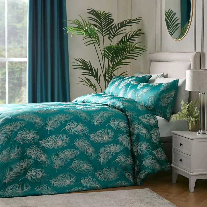 Laurence Llewelyn-Bowen - Teal Peacock Feathers Duvet Cover Set - Double Size - 200 x 200cm - 2 Pillowcases - Jacquard Bedding Set in Teal - Luxury Bedding - Peacock Bird Duvet Cover