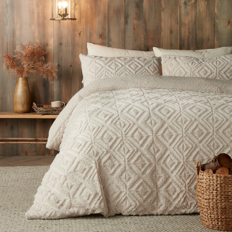 Fusion - Natural Cream Teddy Fleece Duvet Cover - King Bedding Size (230 x 220cm) - Reversible Design - Linen Beige Jacquard Duvet Cover - Geometric Square Tufted Bedding - Soft & Cosy Fleece