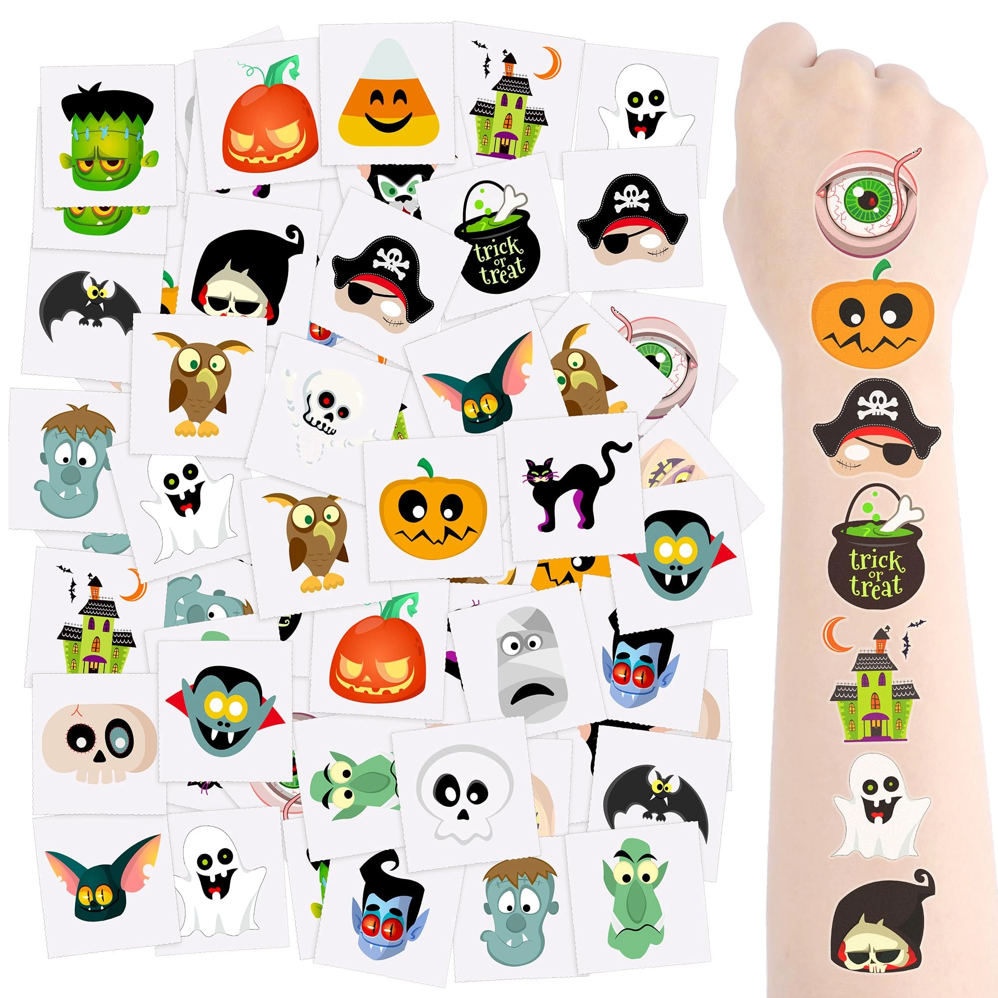 Aodaer 96 Pieces Kids Temporary Tattoos - 24 Halloween Themed Styles, Waterproof, Face Makeup, Party Favors