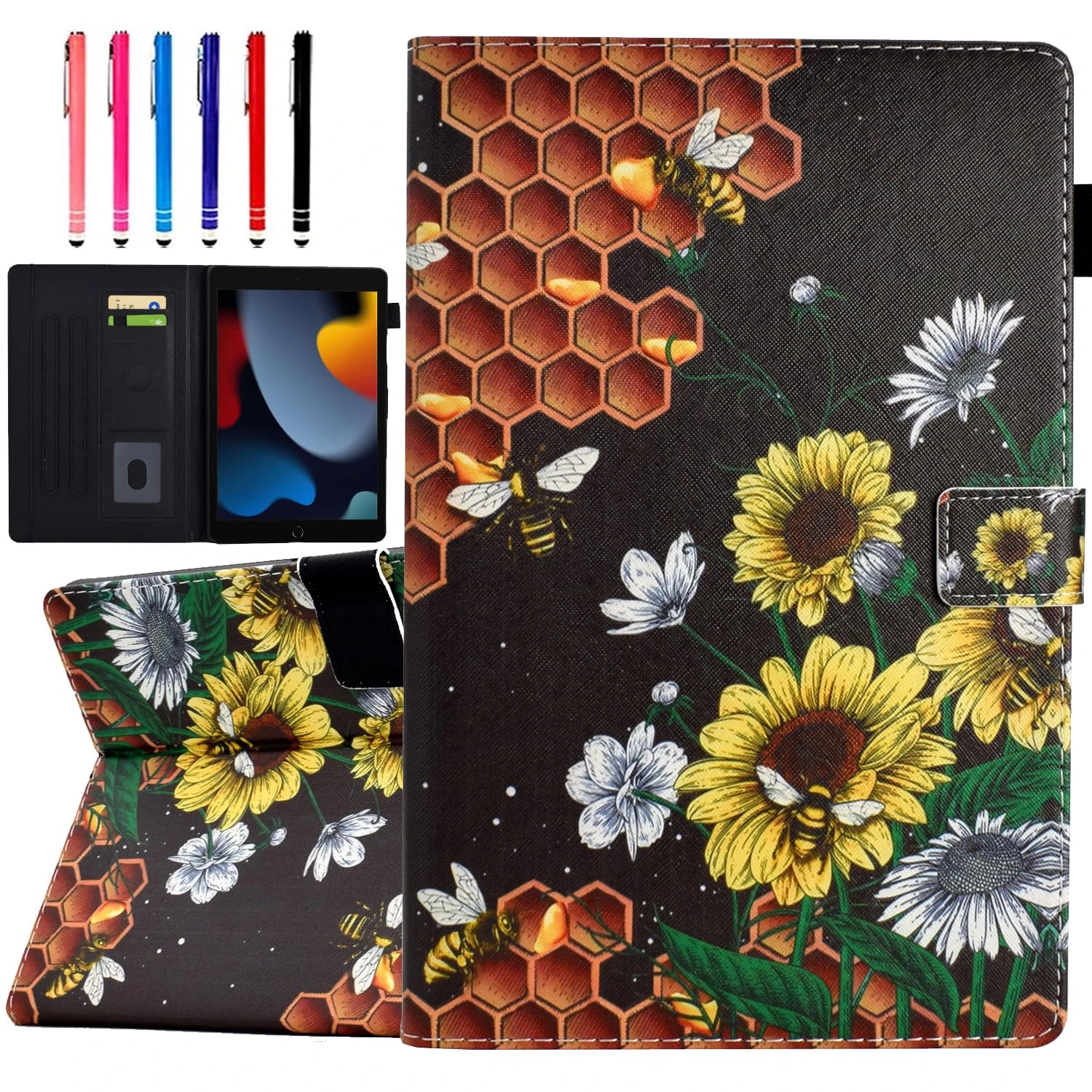 Ausmix iPad Case for 9th/8th/7th Generation (2021/2020/2019) - 10.2 Inch PU Leather Smart Cover With Auto Wake/Sleep - Flower Hive Pattern