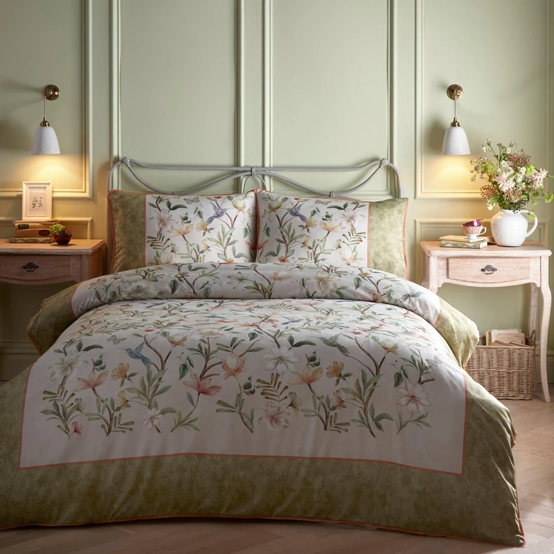Appletree - Sage Green Floral & Humming Birds Duvet Cover - King Bedding Size (230 x 220cm) - 200 Thread Count - 100% Cotton Sateen - 2 Pillowcases - Green Floral Bedding with Birds