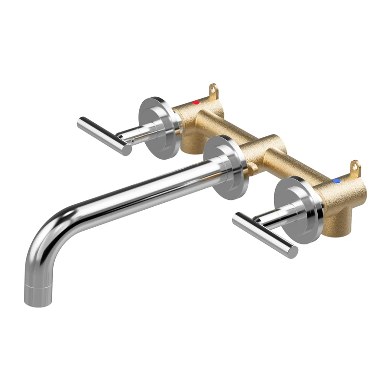 WOWOW Wall Mounted Bathroom Faucet Chrome High Flow Two Handle Stainless Steel Long Spout Reach Wide Basin Faucet with Coarse Valve 3 Holes Elegant Classic