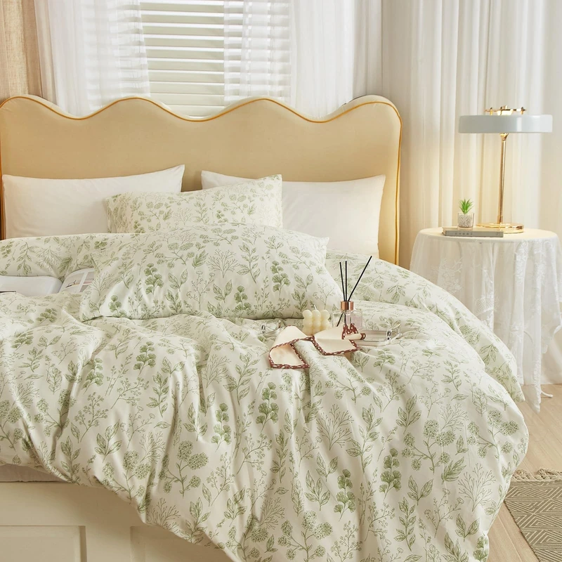 Green Floral Comforter Set Queen Size Garden Style Soft Fluffy Microfiber Comforter Elegant Vintage Floral Print Bedding Set Flower Leaves Comforter Set