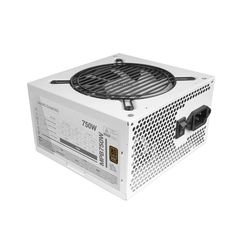 Mars Gaming MPB750, PC Power Supply 750W ATX, 6 Years Warranty, 80Plus Bronze 230V EU, 90% Efficiency, 120mm FDB Fan with AI-RPM Technology and Anti-Vibration System, White