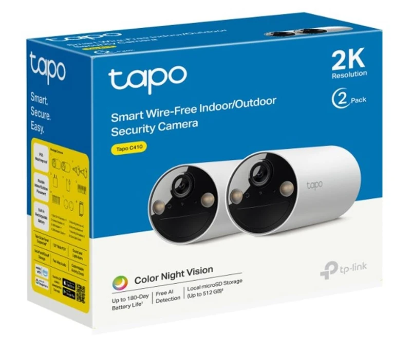 TP-Link Tapo C410(2-pack), 2K 3MP Colour Night Vision, Rechargeable, Solar Panel, IP65, Local/Cloud Storage, 110° Angled, Illuminated and Sound Alarm, Wireless Battery Security Camera