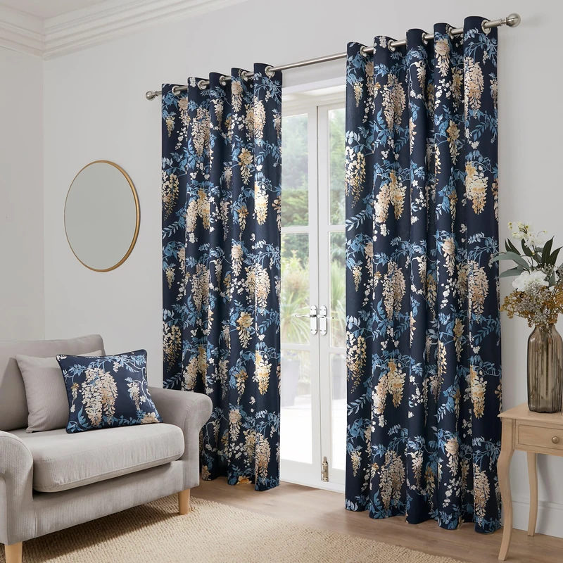 Dreams & Drapes Navy Wisteria Curtains – W66 x L72 (168x183cm) – 2 Panels – Floral Eyelet Drapes in Dark Blue – Silky Flower Print for Bedroom or Living Room – Door Panel Set – Soft Cotton Feel - Image 1