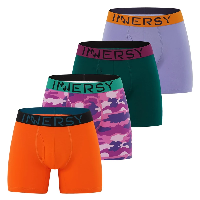 INNERSY Mens Boxers Cotton Underpants with Fly Opening Sports Underwear Trunks Multipack 4 (M, Green/Purple/Pink Camo/Orange)