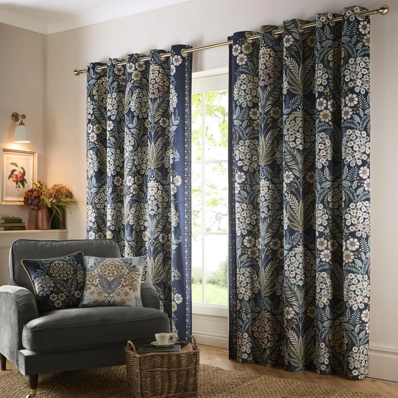 Appletree - Navy & Dark Blue Botanical Eyelet Curtains W66 x L54" (168 x 137cm) - Vintage Floral Curtains & Drapes for Bedroom & Living Room
