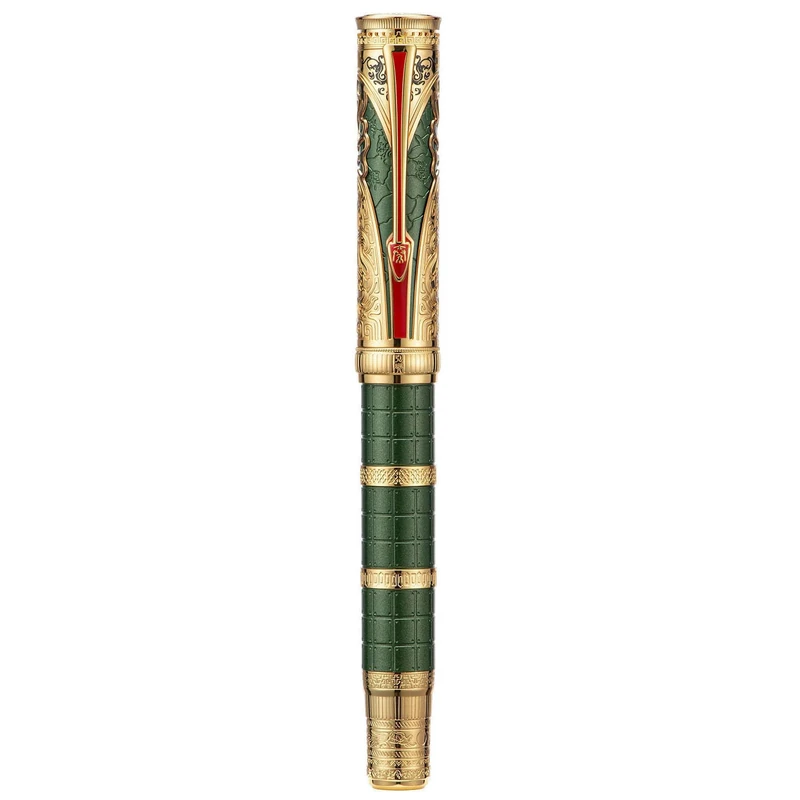 Hongdian D5X Fountain Pen - Green Qin Dynasty Retro Chinese Totem Engraving, Extra Fine Nib, Smooth Writing with Converter and Pen Box Set