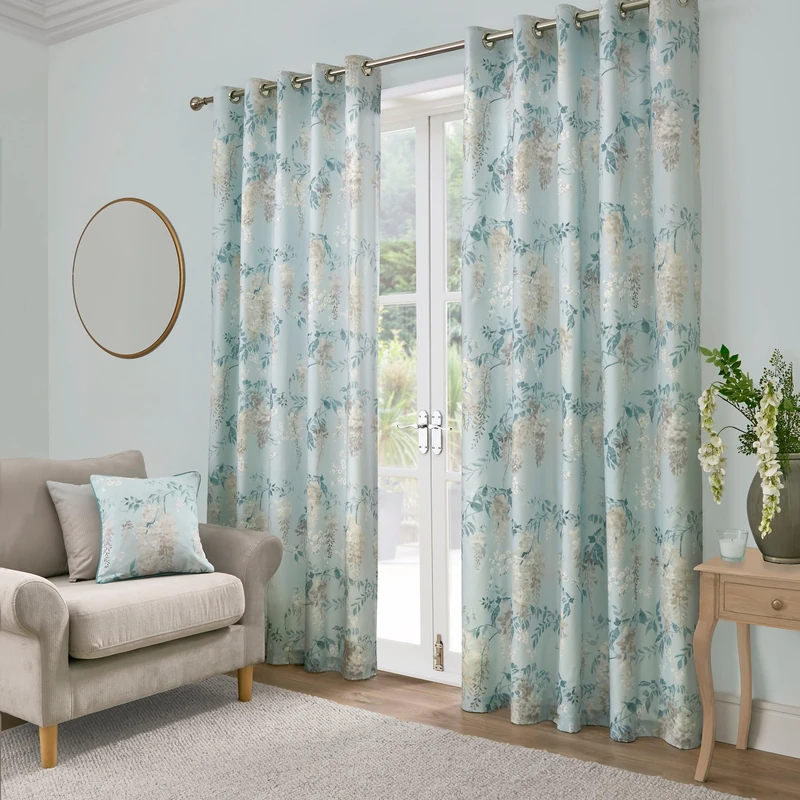 Dreams & Drapes Duck Egg Wisteria Eyelet Curtains 66 x 72 Inch (168 x 183cm) – Floral Duck Egg Blue Curtains, Pair of Panels for Bedroom or Living Room