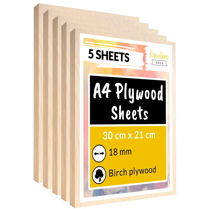 Creative Deco 5 x A4 Birch Plywood Sheets | 300 x 210 x 18mm (+/-2mm) Baltic Wood Ply | Perfect Laserable Board for Wood DIY Home Decor Arts Craft Painting Laser Cutting CNC Stenciling Pyrography
