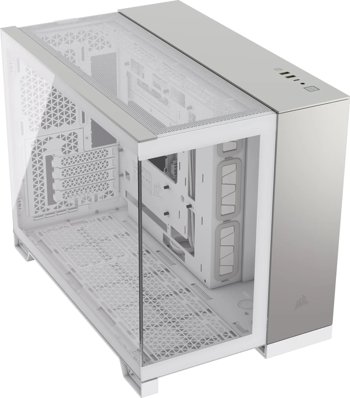 CORSAIR 2500X Small-Tower mATX Dual Chamber PC Case – Panoramic Tempered Glass – Reverse Connection Motherboard Compatible – No Fans Included – White/Satin Gray Aluminium