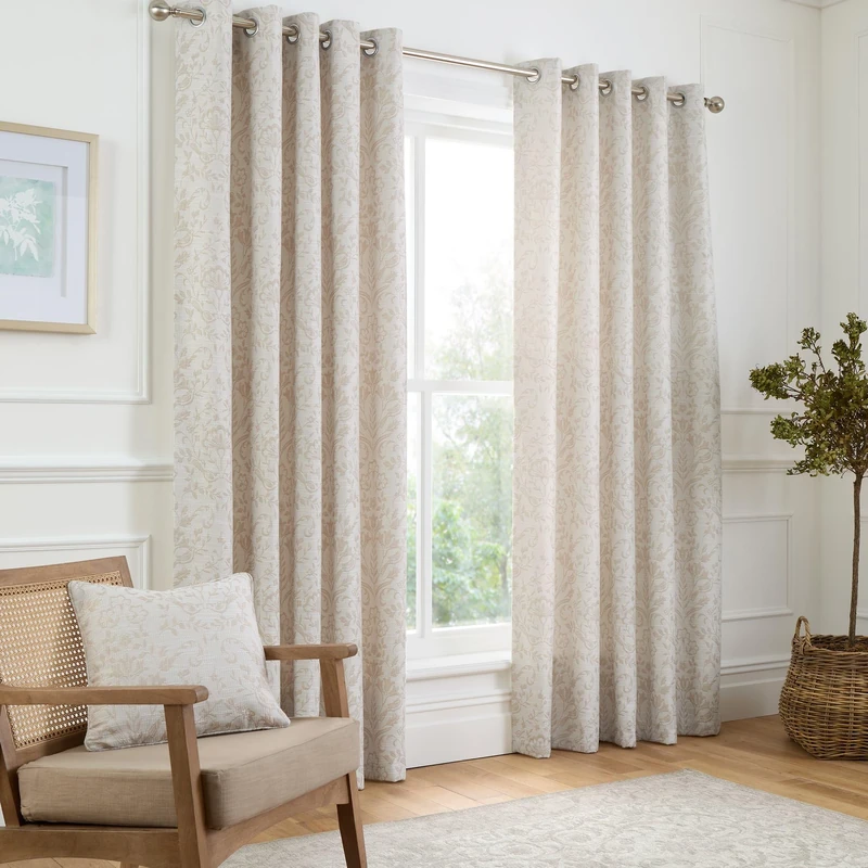 Curtina - Natural Linen Floral & Bird Woven Curtains W66 x L90" (168 x 229cm) - Cream Eyelet Curtains with Flowers - Traditional Curtains & Drapes for Living Room & Bedroom - Jacquard Thermal Curtains