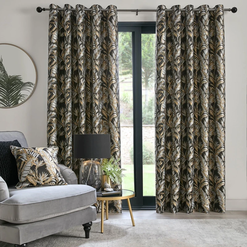 Laurence Llewelyn-Bowen - Black Tropical Palm Tree Curtains W90 x L90 (229 x 229cm) - Jacquard Curtains with Floral Leaf/Fern - Luxury Drapes for Living Room & Bedroom - Paradise Palm Collection