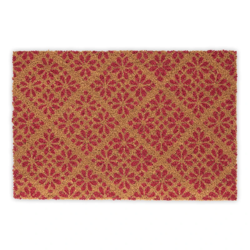 Relaxdays Coconut Doormat, Non-Slip, Floral Pattern, Indoor & Outdoor, Dirt Trap, HWD: 1.5 x 60 x 40 cm, Natural/Red, Coco