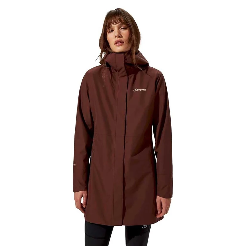 Berghaus Women's Omeara Long Length Waterproof Shell Jacket | Adjustable Fit | Two-Way Zip, Cedar Brown