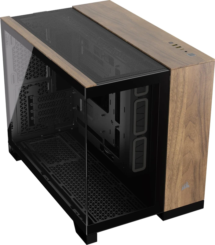 CORSAIR 2500X Small-Tower mATX Dual Chamber PC Case – Panoramic Tempered Glass – Reverse Connection Motherboard Compatible – No Fans Included – Black/Walnut Wood
