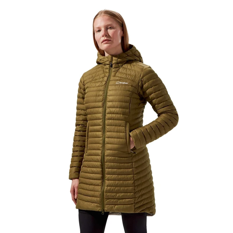 Berghaus Women's Nula Micro Synthetic Insulated Padded Jacket Long Coat | Durable Design | Water Resistant | Puffer Jacket, Oak Moss, 14