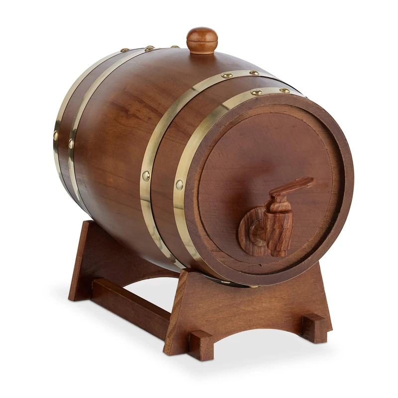 Relaxdays Small Wooden Barrel, 2.2 l, Cask with Trestle & Tap, for Wine & Spirits, Decorative Schnapps Keg, Dark Brown, Wood, 25 x 18.5 x 28 cm