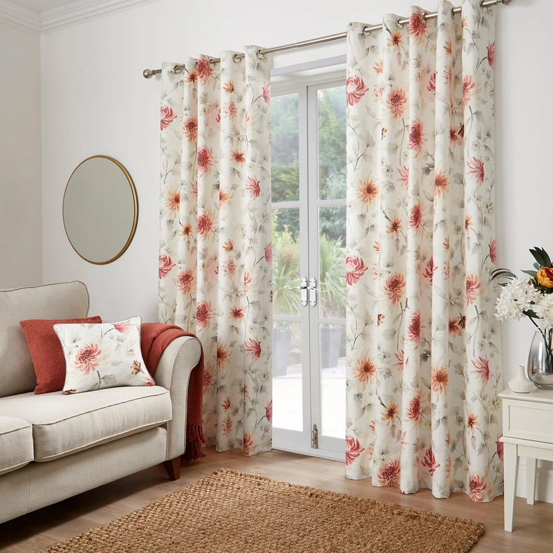 Dreams & Drapes - White & Red Floral Curtains W66 x L90 (168 x 229cm) - Coral Red Flower Eyelet Curtains - Traditional/Botanical Drapes for Living Room & Bedroom - Nadia Collection